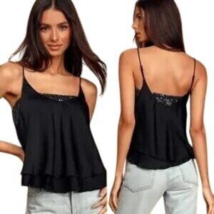 Free People Turn It On Black Sequin Satin Cami